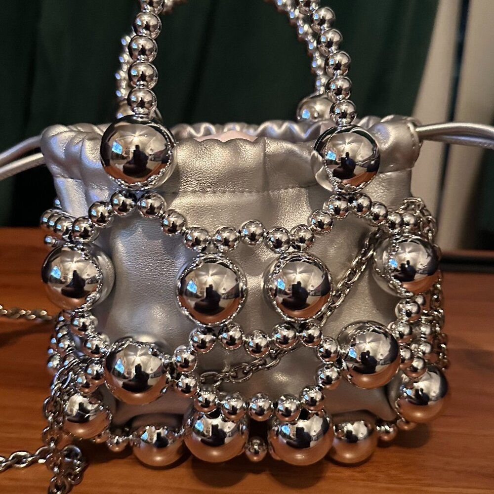 Metallic Beaded Top Handle Bag - Silver